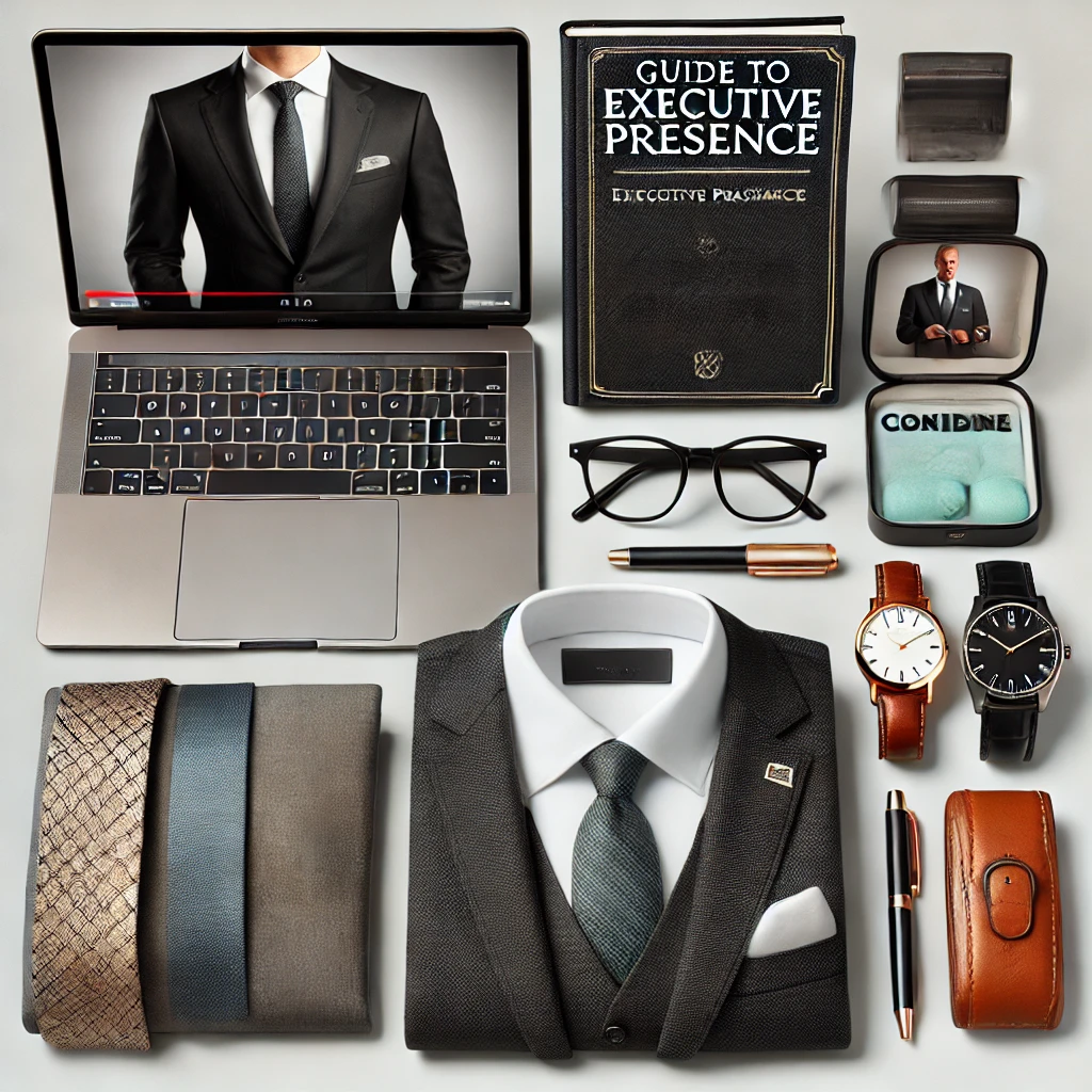 A professional flat lay composition featuring an "Executive Presence" guidebook, a laptop displaying a man in a suit, a neatly folded suit and tie, wristwatches, glasses, pens, and other executive accessories.
