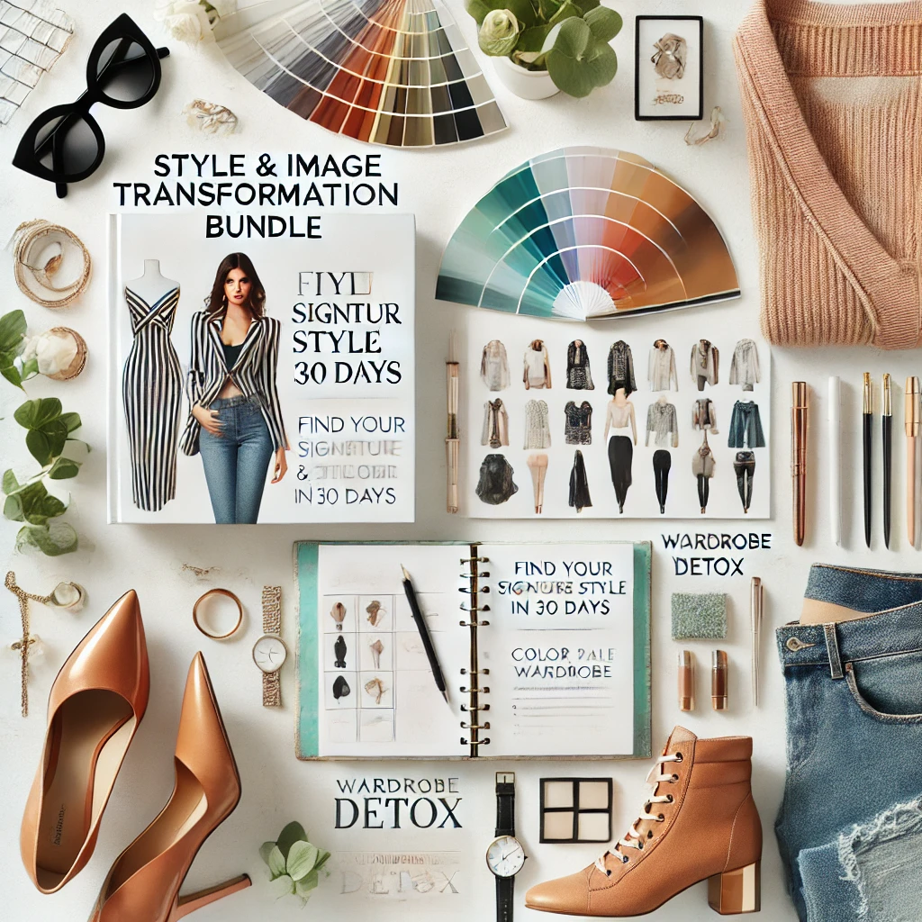A stylish flat lay composition featuring the "Style & Image Transformation Bundle," including a fashion planner, wardrobe detox guide, color palette swatches, stylish accessories, and outfit inspiration.