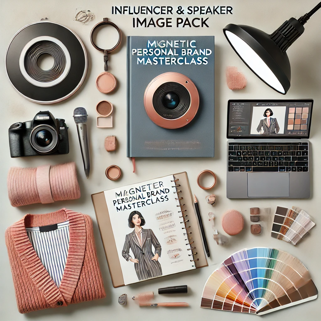 A stylish flat lay composition featuring the "Influencer & Speaker Image Pack," including a personal brand masterclass book, a microphone, a camera, a laptop, color palette swatches, and fashion elements for building a powerful personal brand.