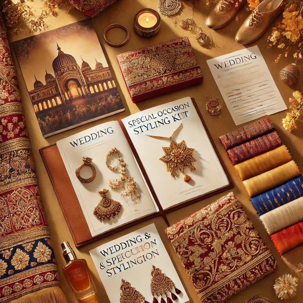 A luxurious Indian-inspired flat lay featuring the "Wedding & Special Occasion Styling Kit," showcasing intricate gold jewelry, rich fabric swatches, a wedding planner, embroidered accessories, and a regal architectural illustration.