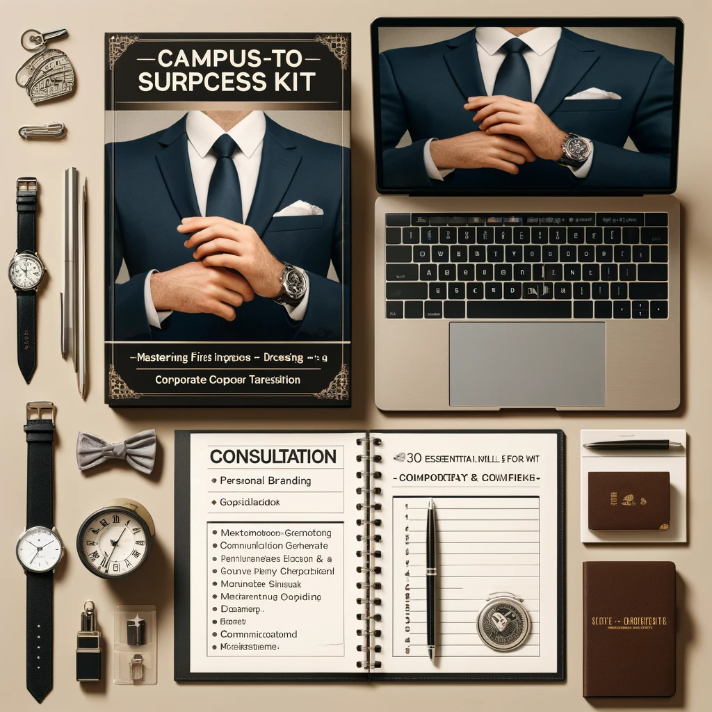 A professional flat lay composition featuring the "Campus-to-Corporate Success Kit," including a business book, laptop, wristwatches, consultation notebook, pen, and executive accessories for career growth.