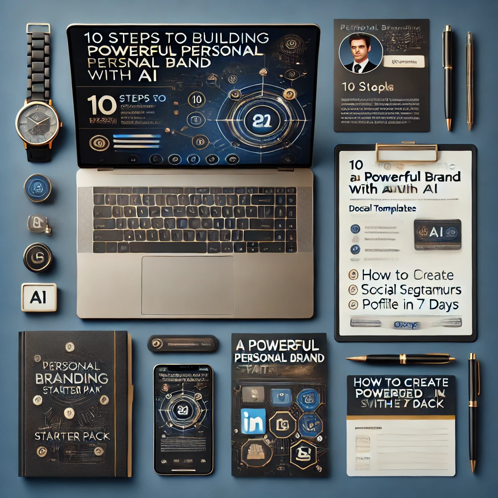 A modern flat lay composition featuring the "Personal Branding Starter Pack," including a laptop, eBook on AI-driven personal branding, digital templates, smartphone, notebook, and executive accessories.