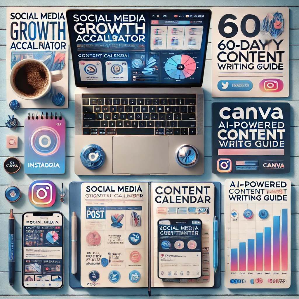A modern flat lay composition showcasing the "Social Media Growth Accelerator," featuring a laptop with a social media dashboard, content calendars, AI-powered content writing guides, and Instagram branding elements.