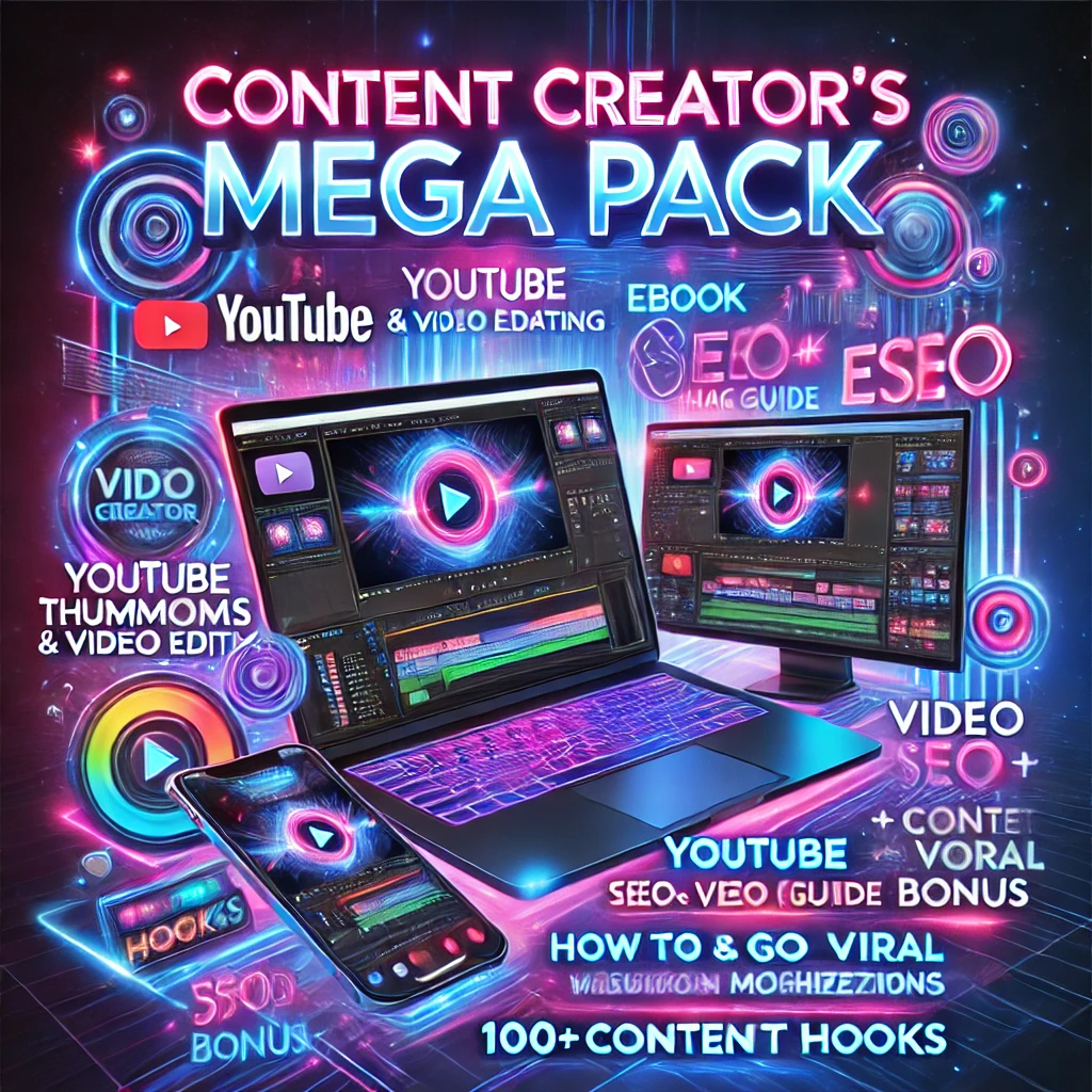 A vibrant digital graphic showcasing the "Content Creator’s Mega Pack" with a laptop and smartphone displaying content creation tools like video editing, SEO research, and thumbnails. Bold text highlights key features such as YouTube Thumbnails, SEO Guide, Viral Content eBook, Monetization Training, and 100+ Content Hooks.